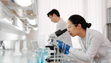 Lab Technician Looking through Microscope