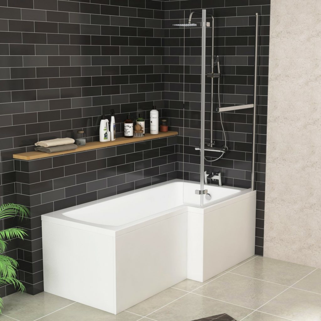 L Shaped Bath With Screen + Front Panel, Wall Hung Vanity Unit & Close Coupled Rimless Toilet